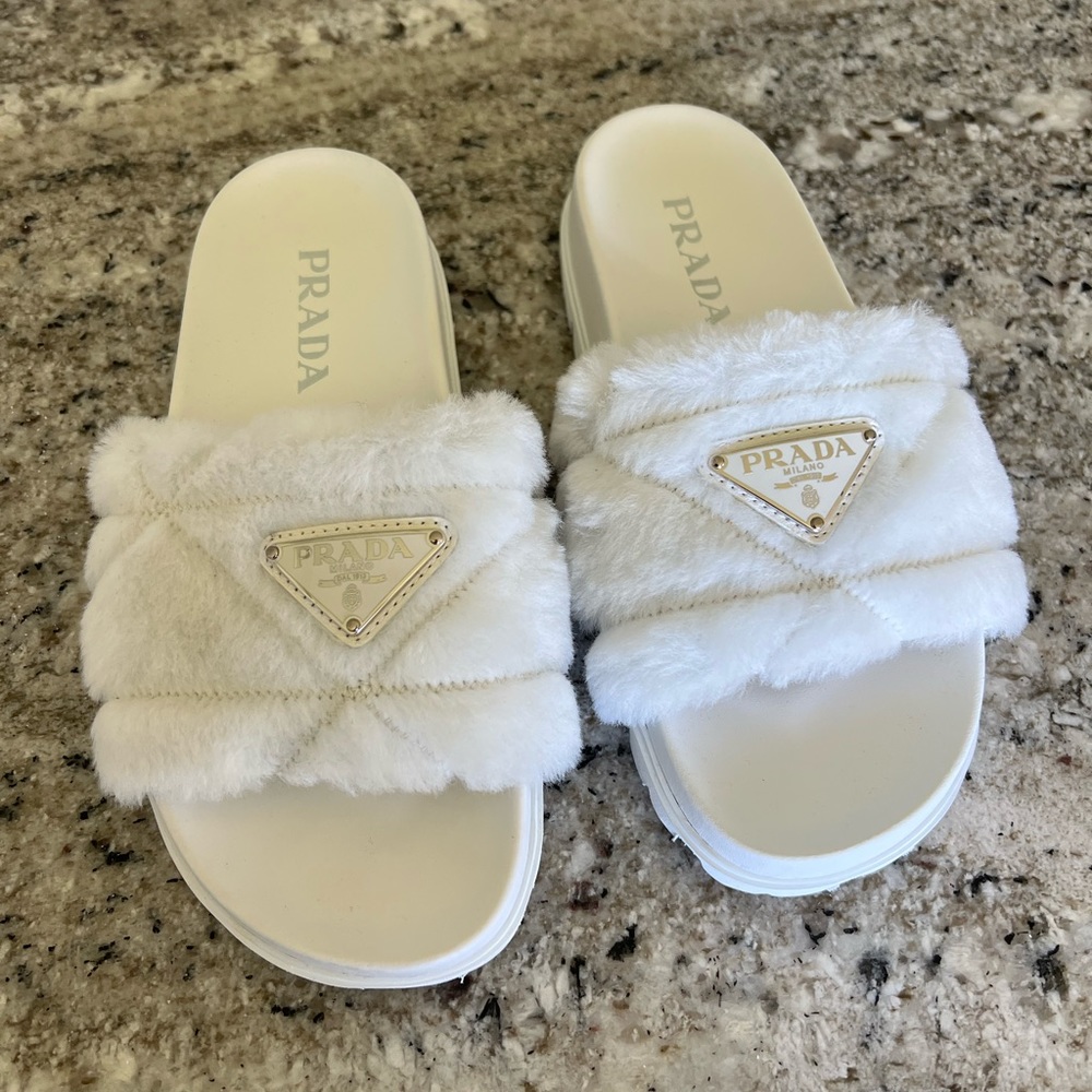 brand new never worn white prada shearling slides